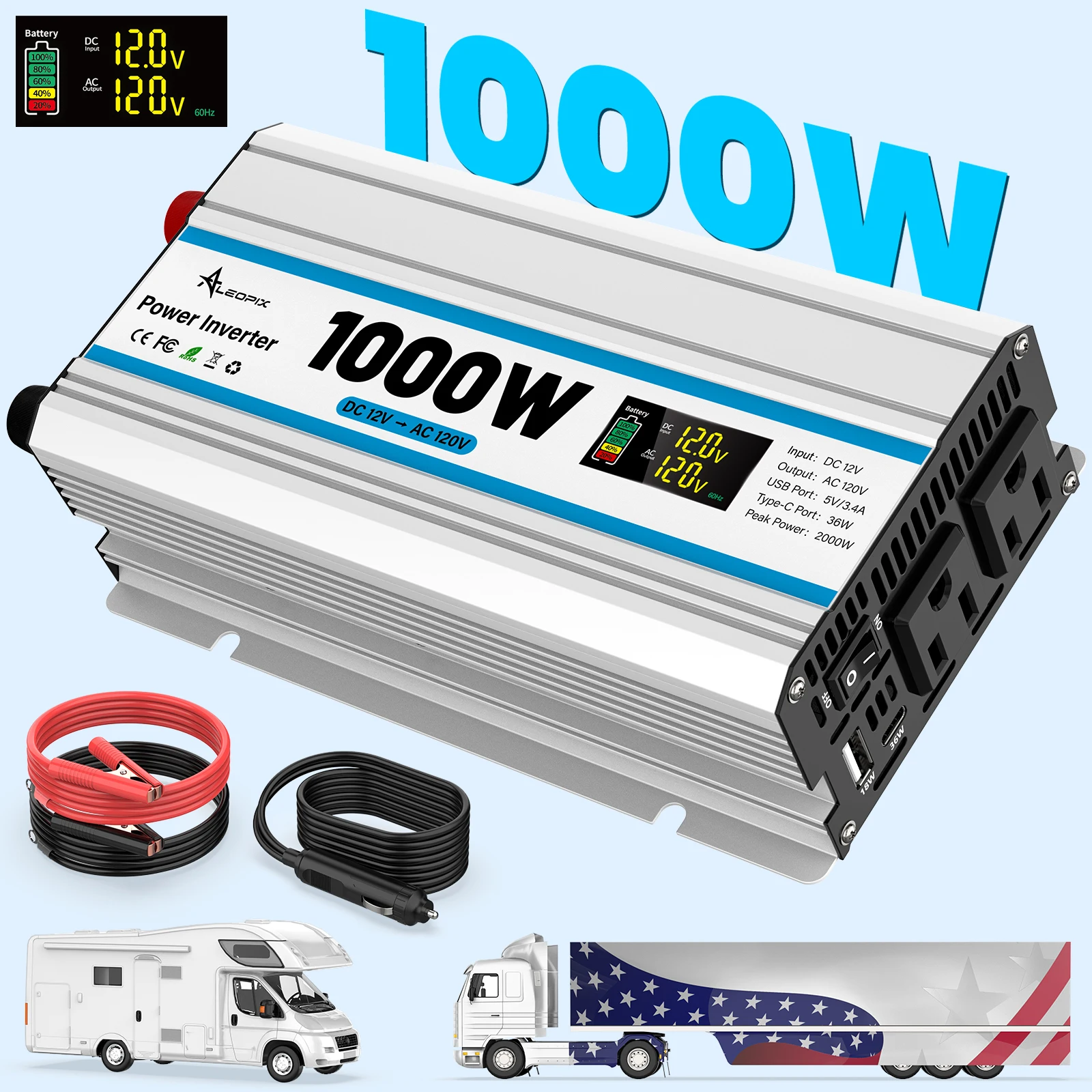 1000 Watt Inverter Car Power Inverter for Vehicle Laptop RV Truck with LED Display Cigarette Lighter 18W USB and 36W USB-C Ports