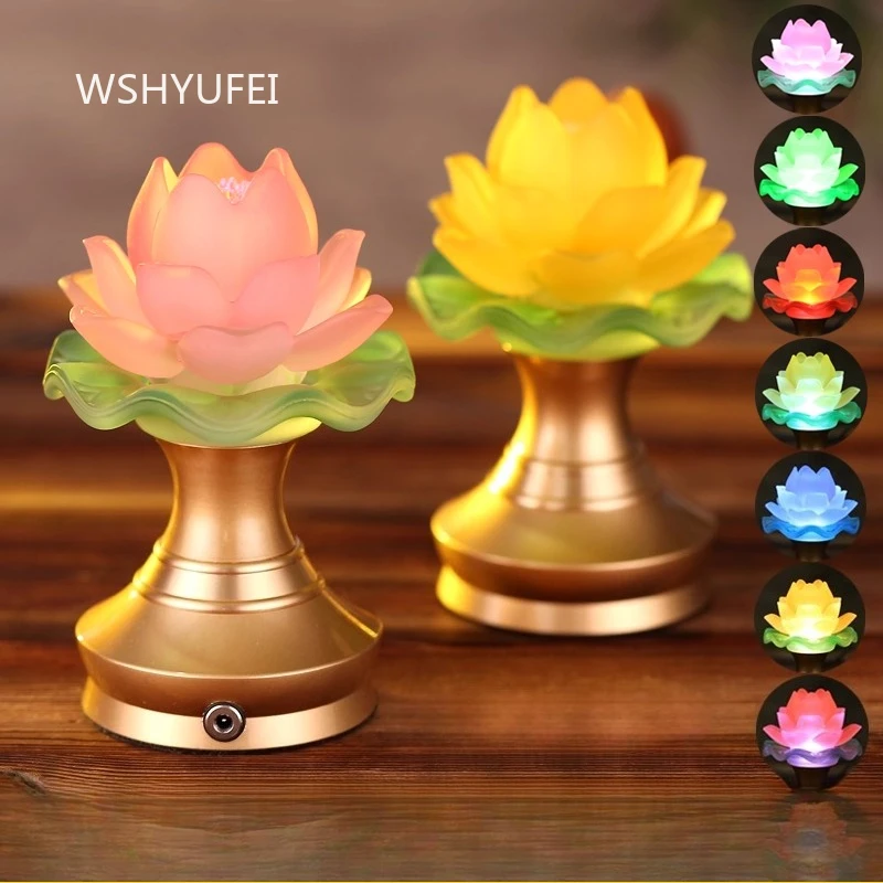 Linterna de loto de cristal, suministros de Buda, lámparas LED coloridas para el hogar, lámpara de loto de aleación, luz perpetua de estilo chino