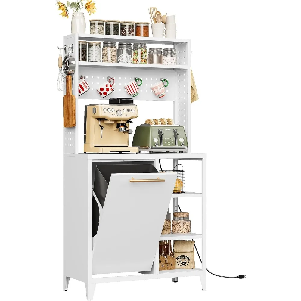 

Baker's Rack with Trash Can Bin Cabinet and Power Outlet,63 Microwave Stand Cabinet with 6 Hooks, 6 Tier Kitchen Tall Co