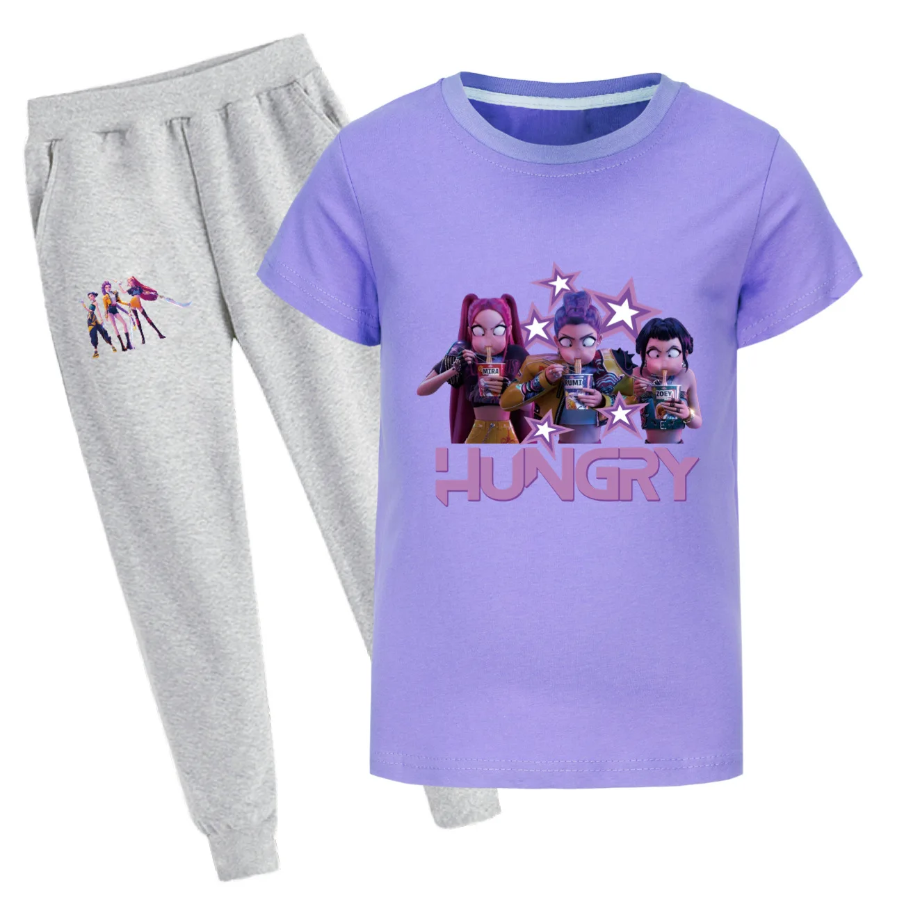 

Детские футболки Kpop «Охотники на демонов», спортивный костюм, летний тренд для маленьких девочек, топы с короткими рукавами + штаны, комплект из двух предметов, детская одежда