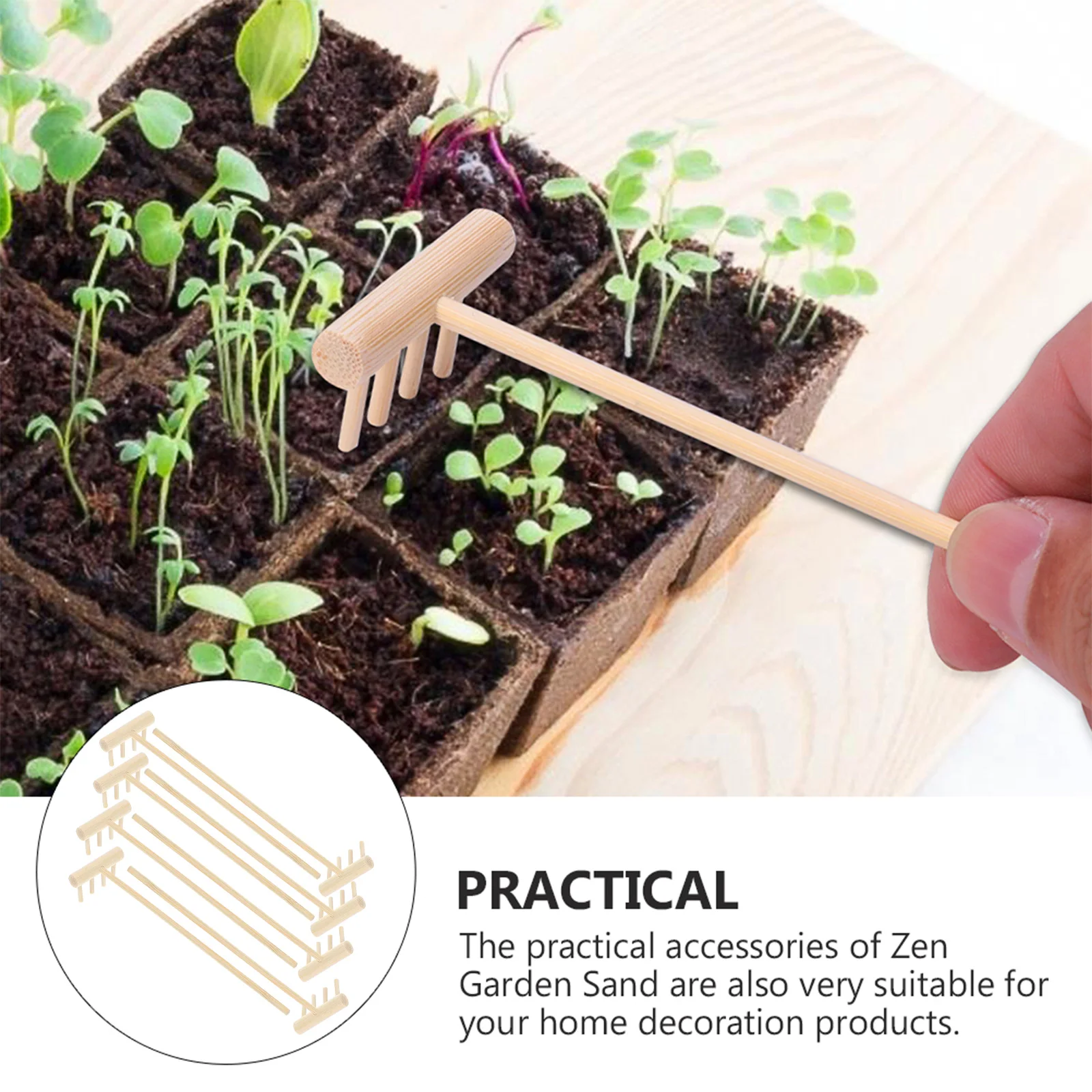 8 Uds Mini rastrillo de bambú herramientas de jardín rastrillos de arena de mano caja de arena pequeños accesorios Zen juego de té adornos juguete Beige jardinería para niños