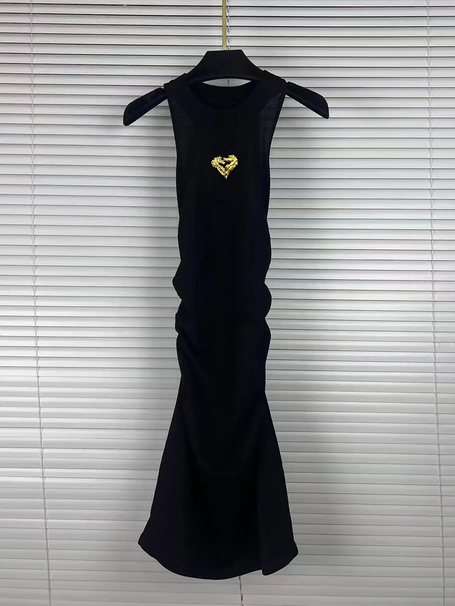 GALCAUR Solid Slimming Spliced Fur Minimalism Dress for Women Round Neck Sleeveless Patchwork Folds Midi Dresses Female Style