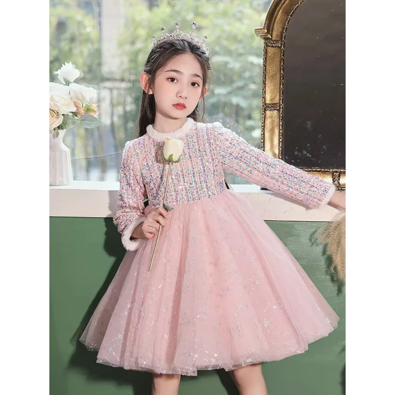 2024Girls' New Spring, Summer, Autumn and Winter Birthday Host Piano Playing Little Flower Girl Elegant Graceful High-End Puffy