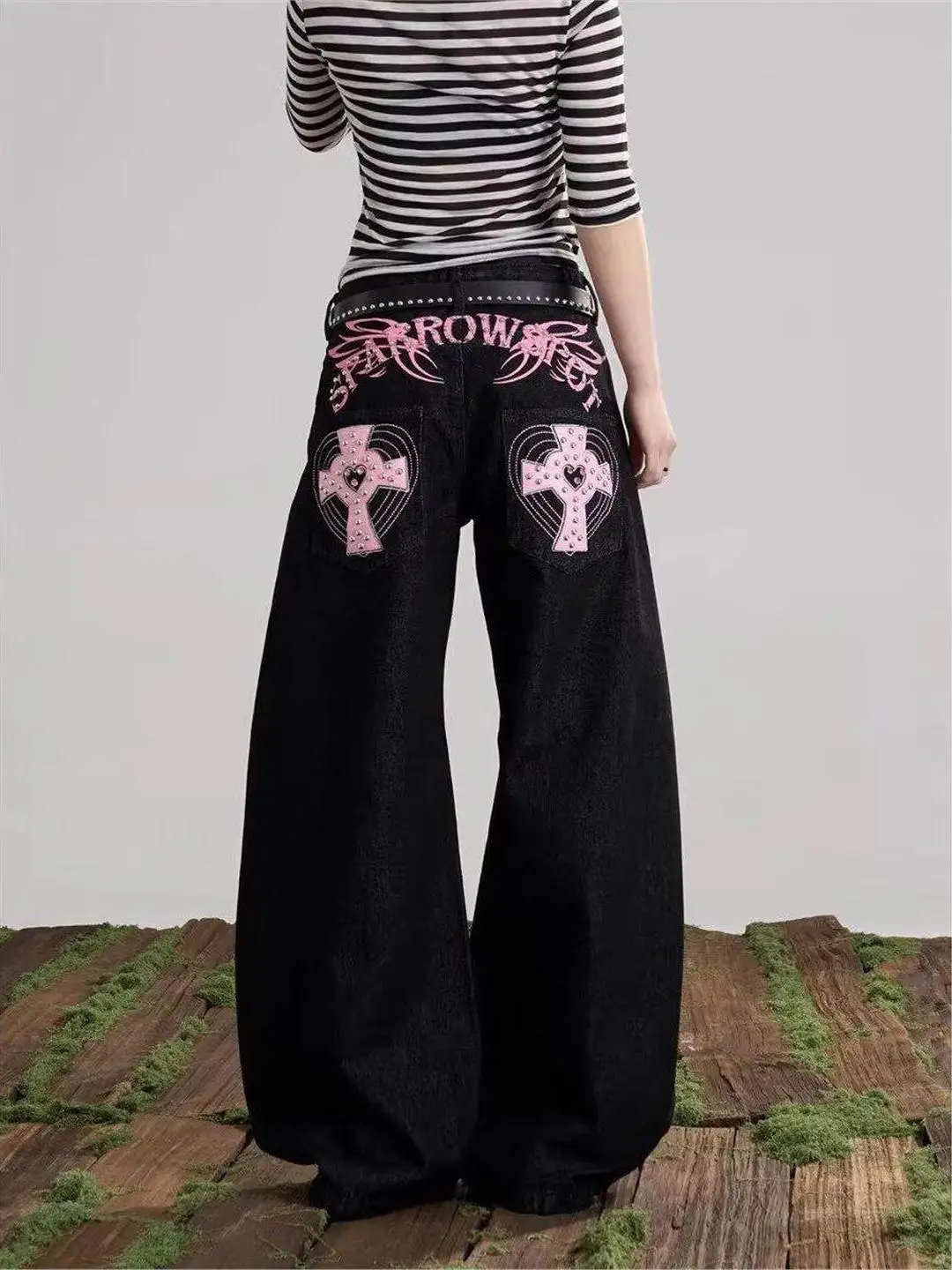 Retro American Heavy Duty Cross Rivet Embroidery Knife Jeans Loose Slim Wide Leg Long Pants Casual Straight Tube Jeans