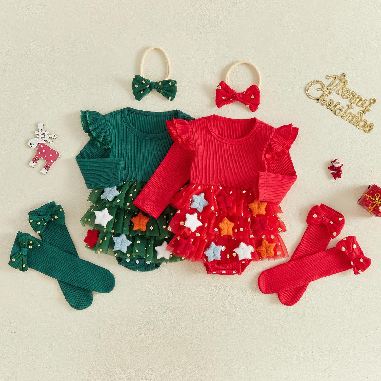 Baby Girls Christmas Bodysuits Outfit Long Sleeve Stars Romper Dress with Headband Socks Clothing Set