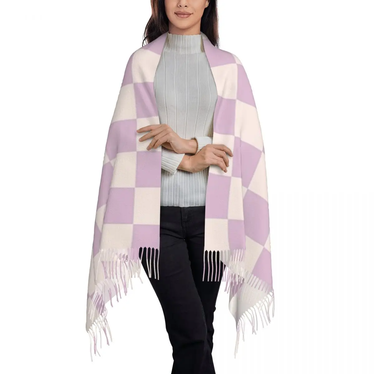 Checkerboard Check Checked Pattern In Light Lilac Scarf Tassel Scarves Women Soft Warm Shawls Wraps Large Fall Winter Shawl Wrap