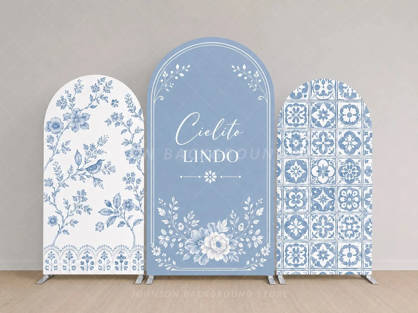 Custom Cielito Lindo Blue Floral Arch Backdrop Cover Mexican Talavera Tile Blue White Three Panel flower Baby Shower Background