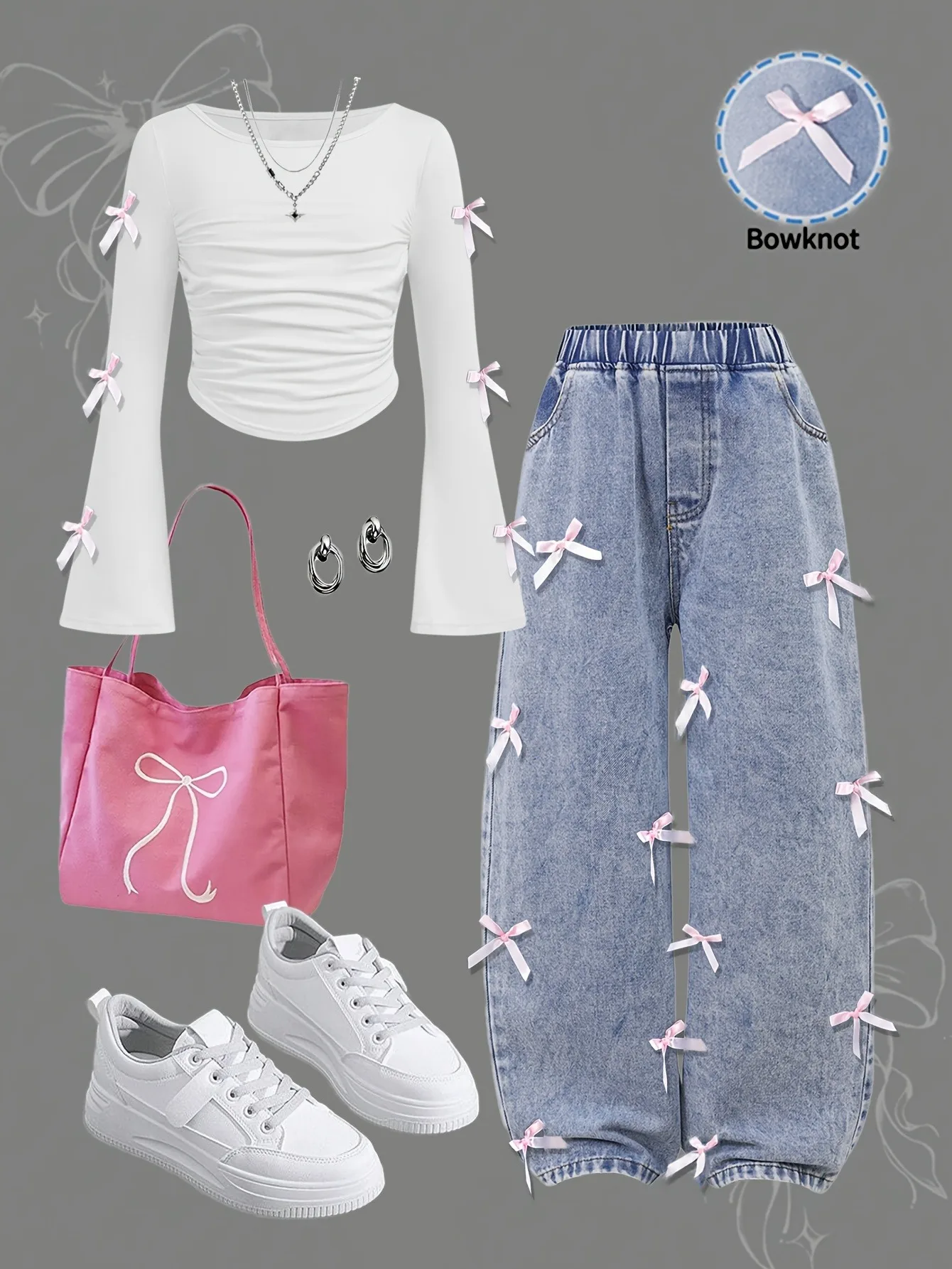 Zweiteiliges süßes Outfit-Set für Mädchen, rosa, mit Schleifenverzierung, gerüschtes, langärmliges Crop-Top und Jeans mit elastischem Bund und weitem Bein – Detail 2