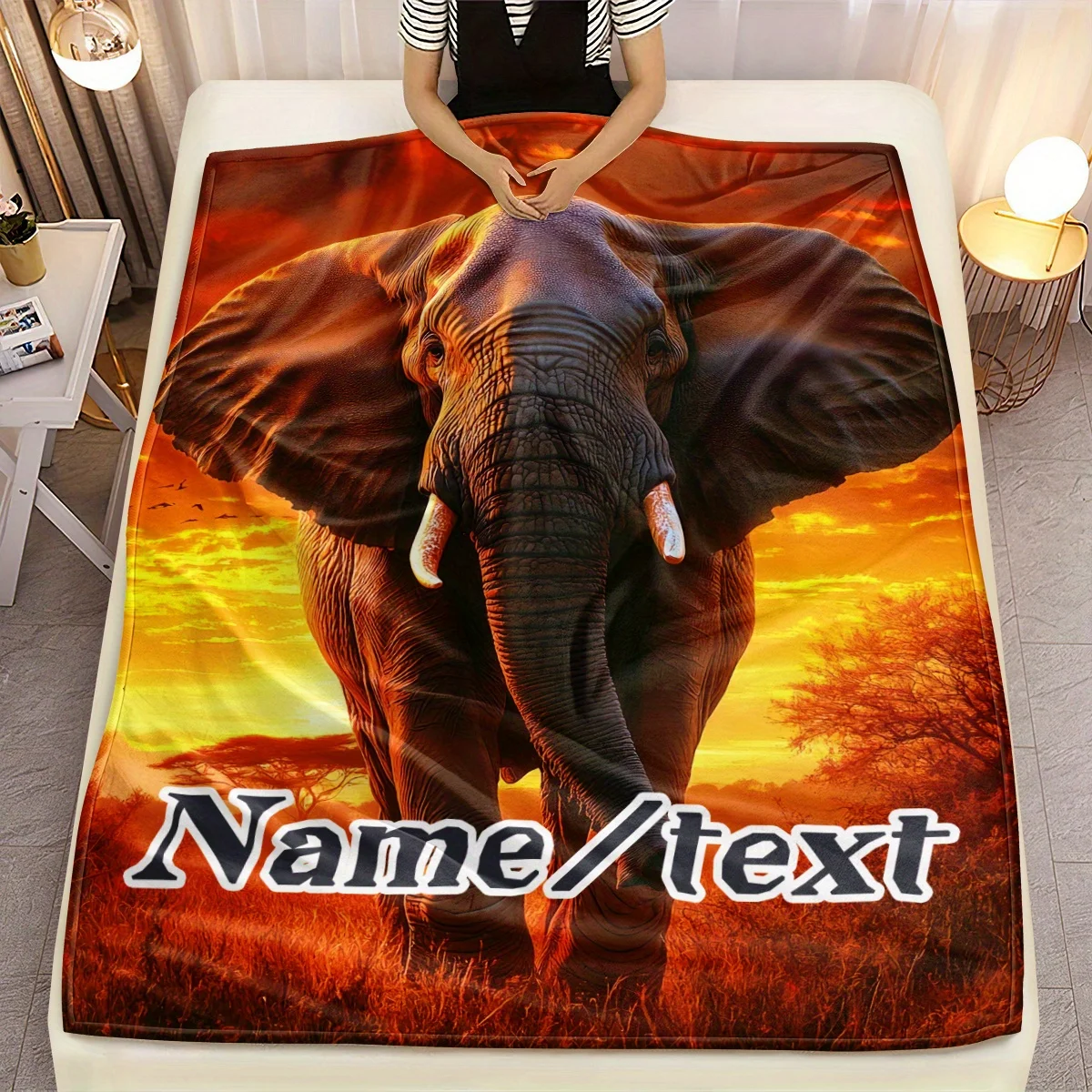 Personalisierte Decke mit Elefanten-Sonnenuntergang-Design, leichte und weiche Flanellbettwäsche, geeignet für Sofabetten, Reisen und Camping.