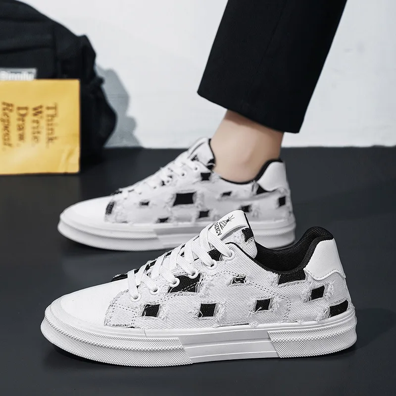 Two Tone Frayed Patch Canvas Low Top Trainers For Men Women Lace Up Flexible Soft Insole Fashion Outdoor Shopping Daily Footwear