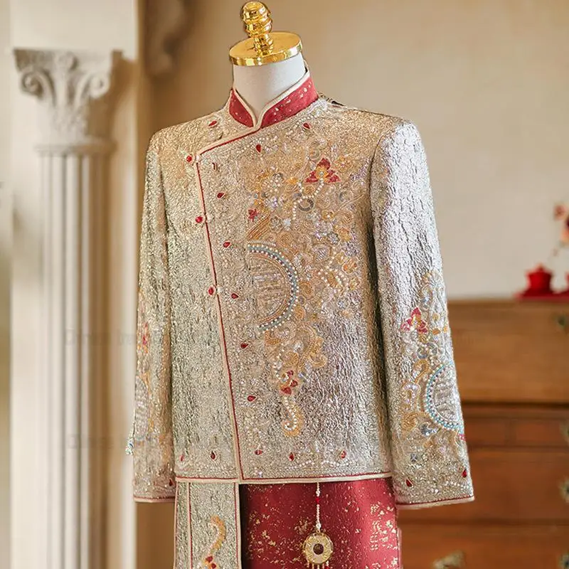 

Groom Xiuhe Costume Men Embroidery Dragons Tang Clothes Long Sleeve Top Skirt Vintage Tradition Mandarin Collar Jacket Outfit