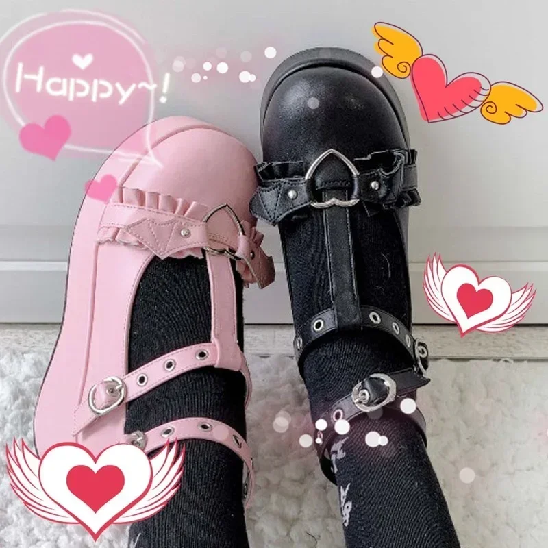 New Brand Girls Platform Wedges with Pink Heart-shaped Buckle Kawaii Lolita Japanese Shoes for Women shoes heels platform shoes