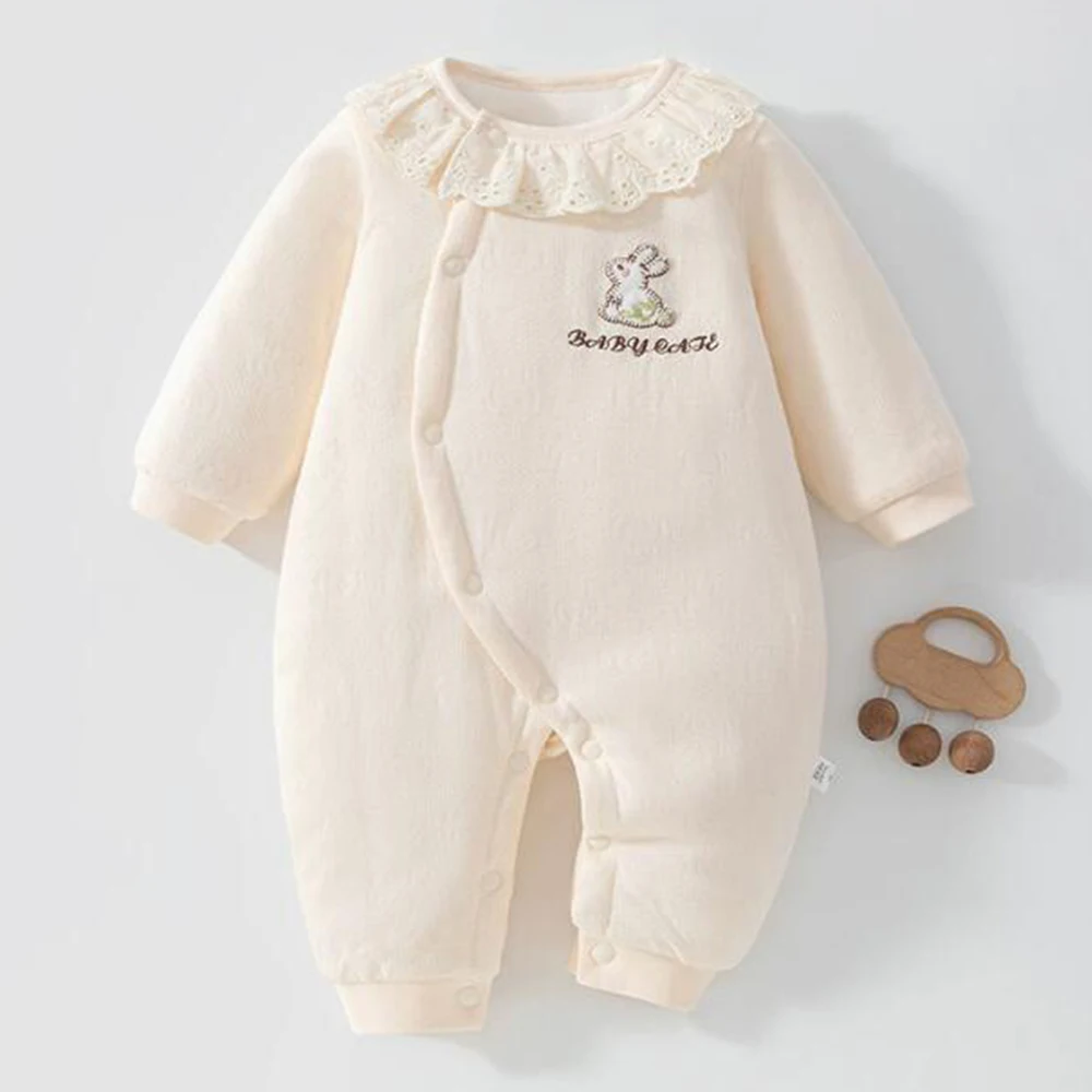 Baby Girl Winter Warm Clothes Solid Color Quilted Thicken Newborn Baby Romper Lace Collar Princess Infanf Jumpsuit