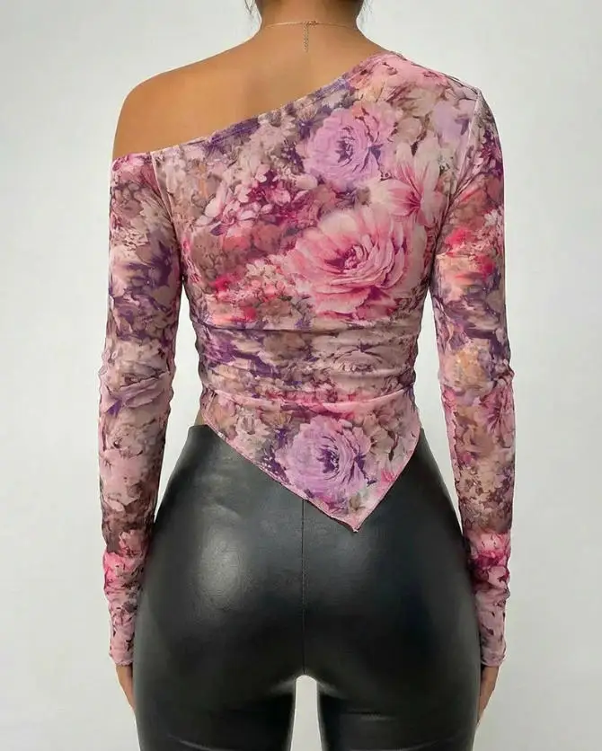 Top Women 2026 New Fashion Floral Print Skew Neck Long Sleeve Asymmetrical Hem Tee Slim Fit Sheer Mesh Top with Thumb Hole Cuffs