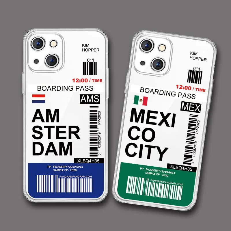World City Travel Ticket New York London Label Phone Case For iPhone 11 7 8 Plus SE2 14 13 12 Pro Max XS X XR Transparent Cover