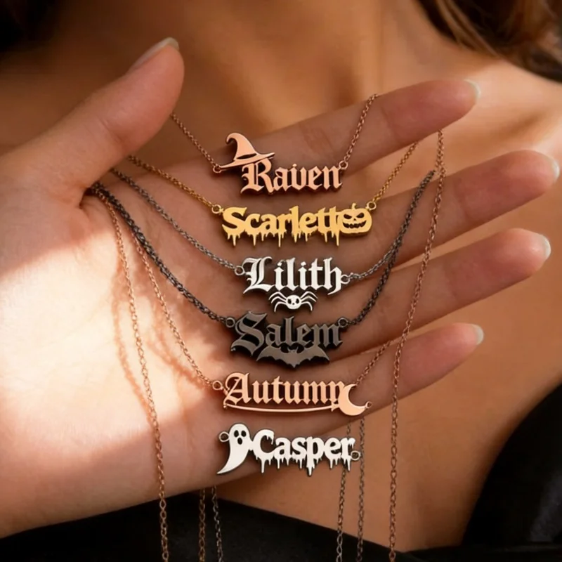 Custom Gothic Name Necklace Personalized Fashion Wacky Old English Stainless Steel Halloween Jewelry Gift For Women