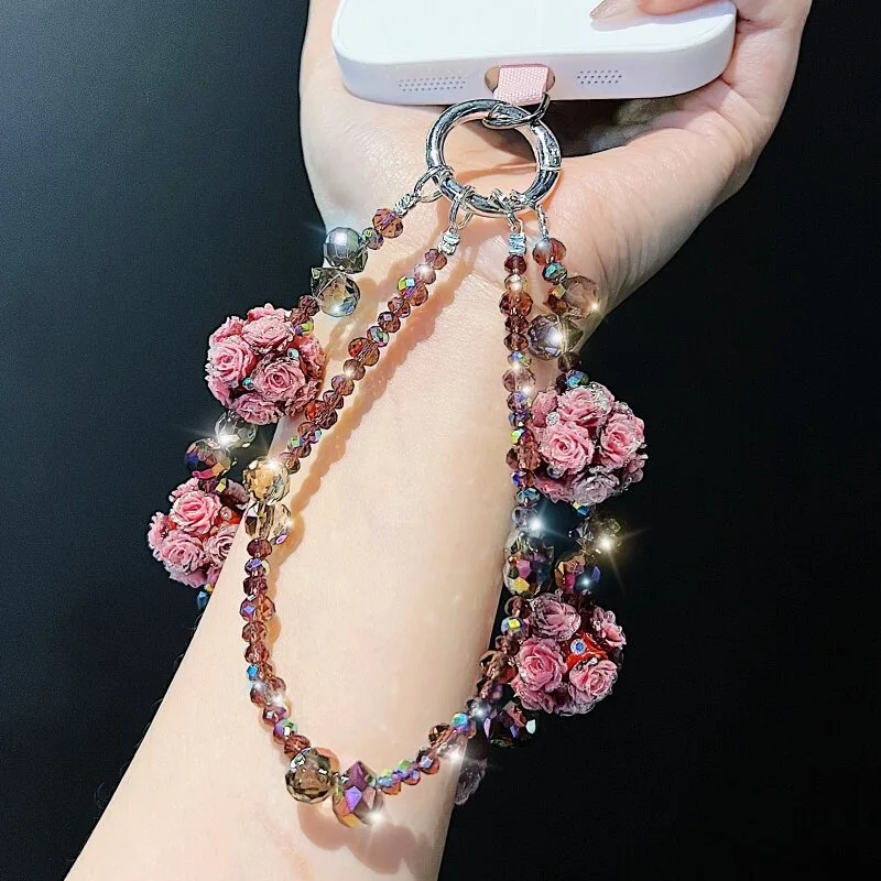 Color Changing Rose Crystal Wrist Phone Strap Delicate Women Pendant