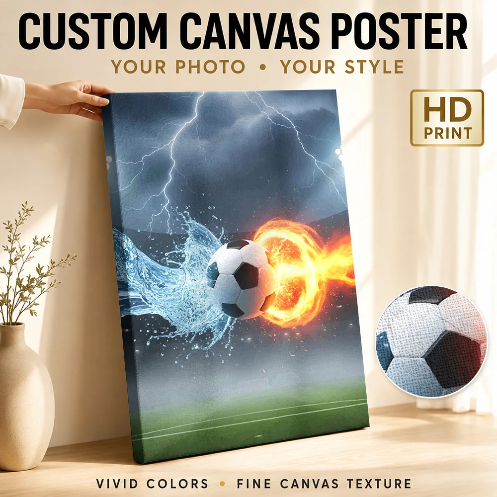 Soccer Ball Water And Fire Framed Canvas Poster Modern Style Wall Decor With Personalized Photo For Home Gym Ideal Birthday Gift