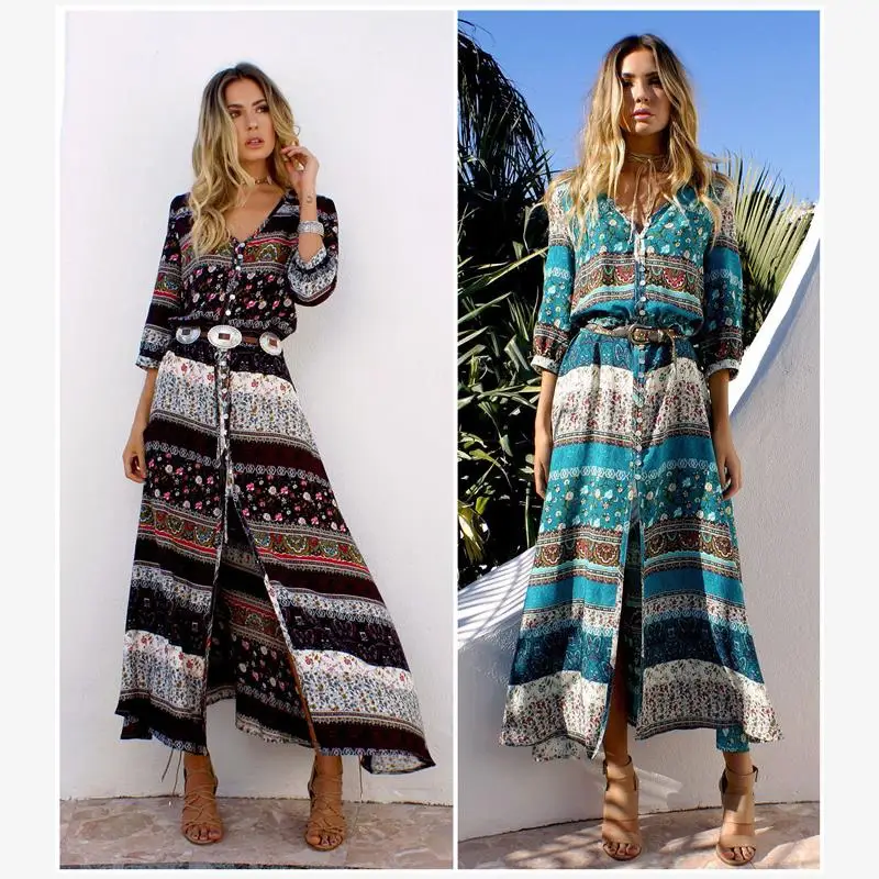 Vacation Print Long Dress Button up Cardigan Beachwear Street Style Cotton Blend Seven Sleeve V Neck H Shape Women's Dress