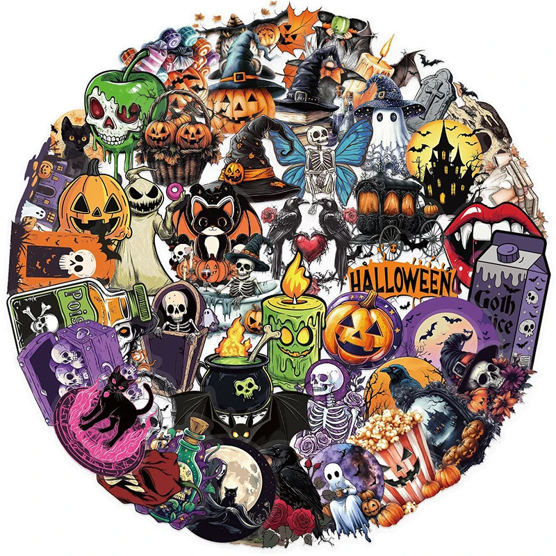 

50PCS Retro Gothic Halloween Stickers Set - Spooky Ghost Witch & Horror Pumpkin Theme for Party Favors