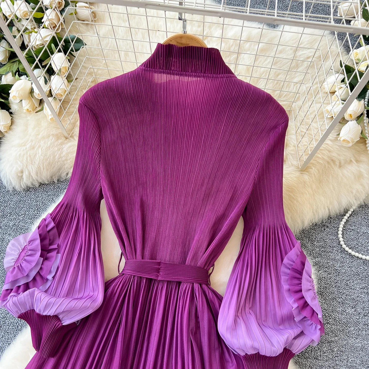 Vintage High Waist Dress Pleated Bandage Lantern Long Sleeve O Neck Dress Chic Autumn Vestidos Women Dress