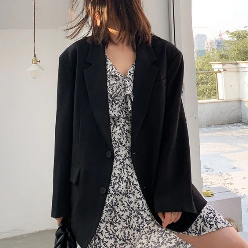 Black Blazers Women Loose Solid Outwear Temper British Style Casual Ulzzang Fashion Classic All-match Unisex Streetwear Retro