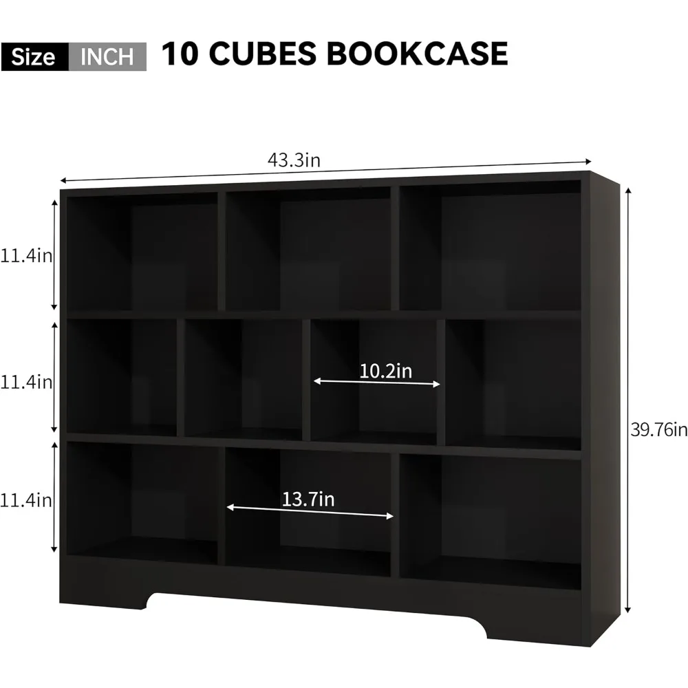 Wooden 3-Tier Cube Bookshelf Set, 10-Cube Storage Organizer, Freestanding Black Bookcase for Home Office