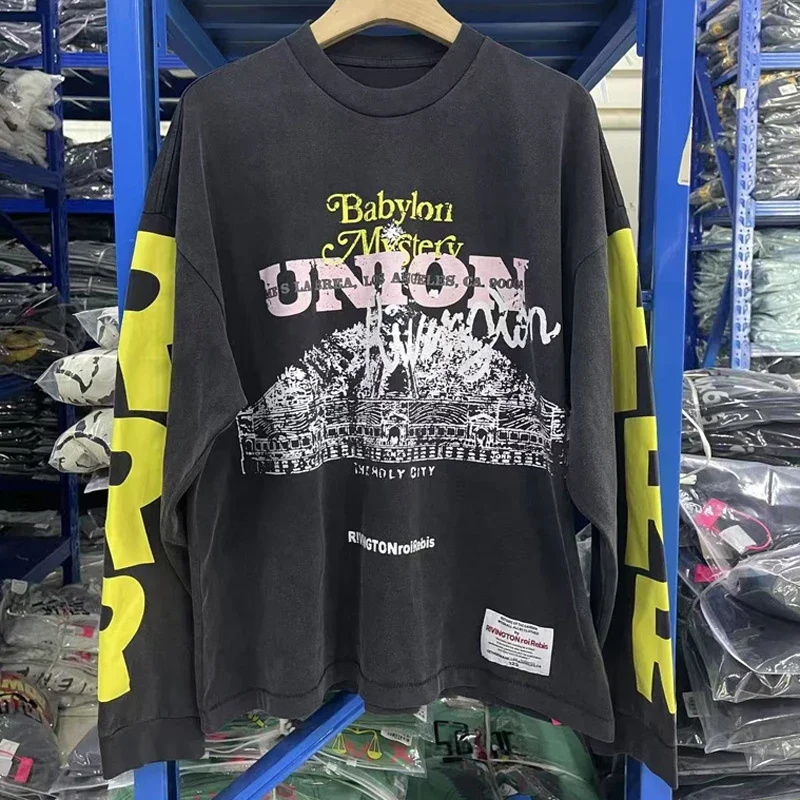 RRR-123 Long Sleeve Retro Washed Series High Quality Casual Loose Hip-hop Pattern T-shirt Men Women