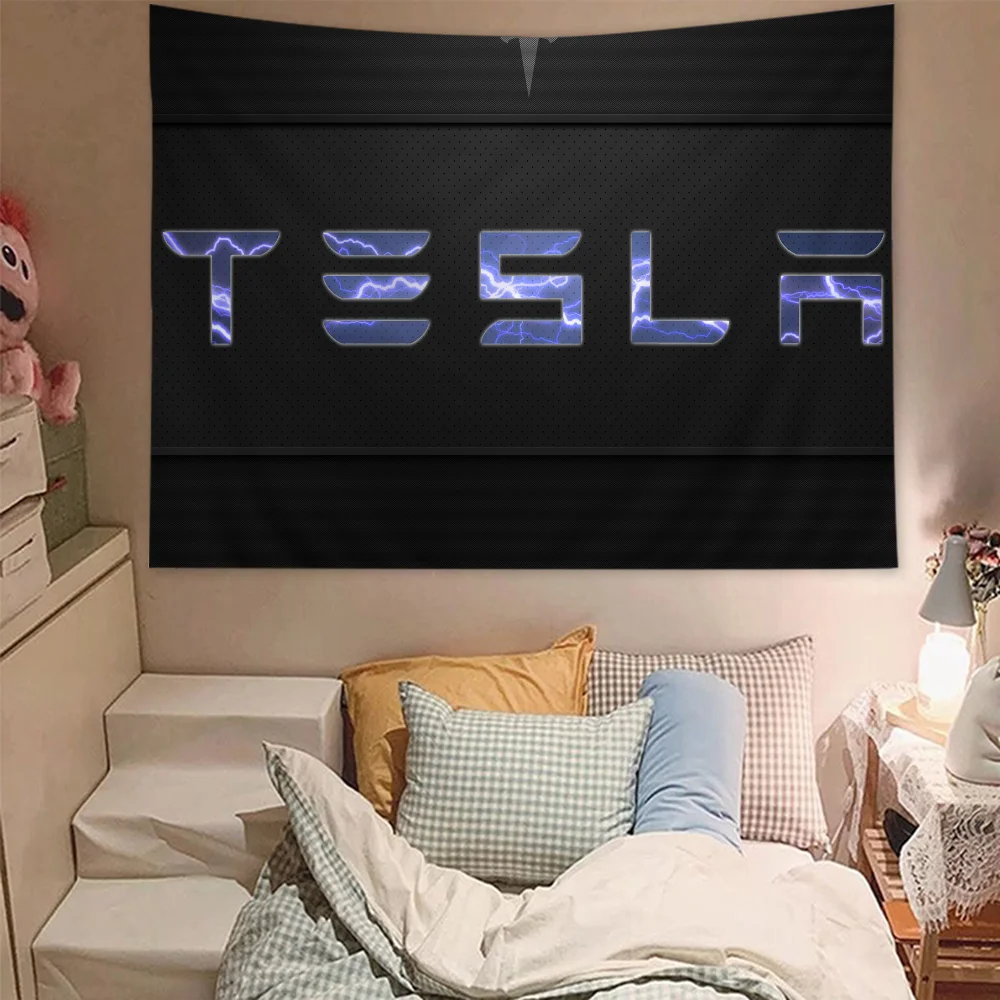 T-Teslas Logo Printed DIY Wall Tapestry Hippie Flower Wall Carpets Dorm Decor Wall Art Decor