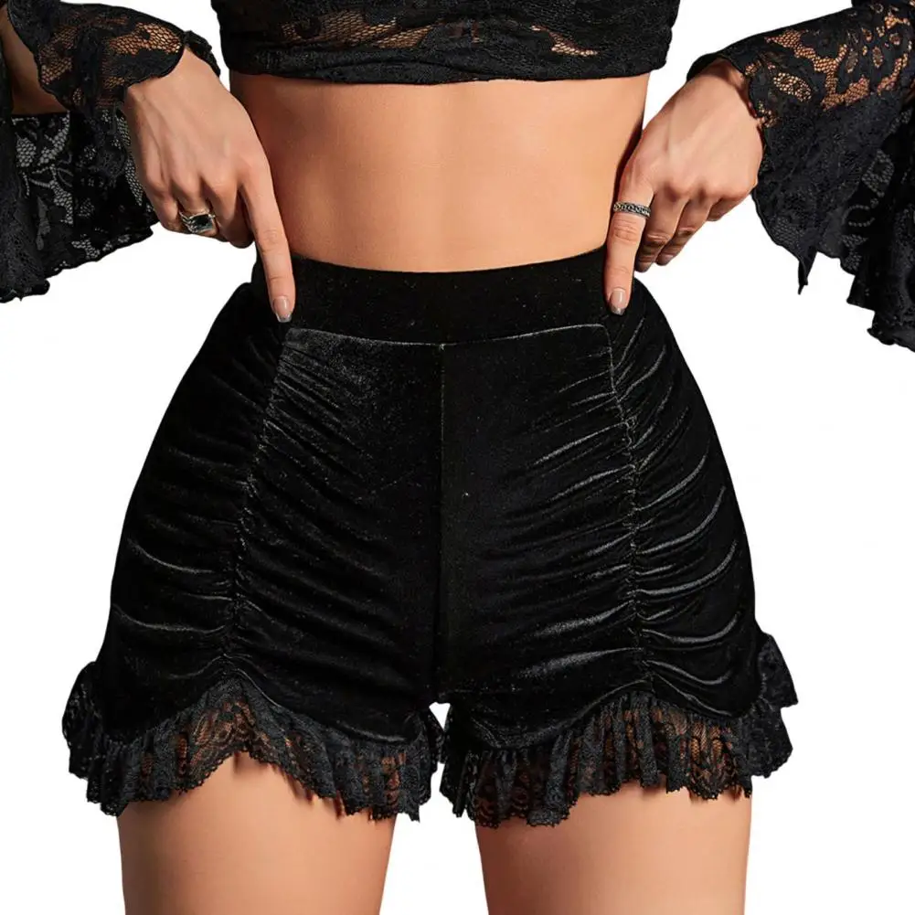 Women Party Shorts Women Shorts Stylish Dark Lace Patchwork Women's Shorts High Elastic Waist Slim Fit Pleated for Club