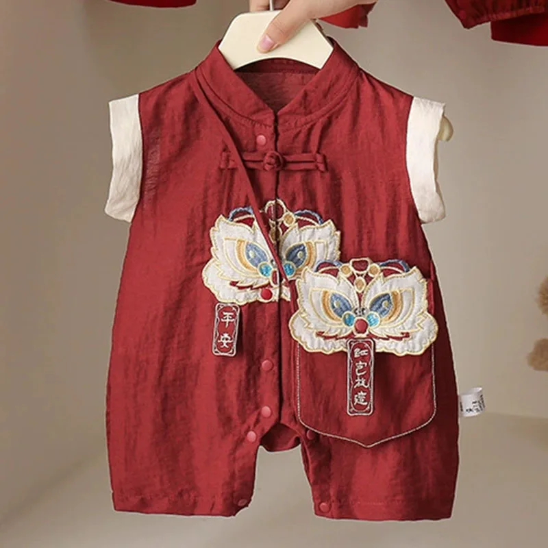 

Summer Sets Baby Boy Boutique Clothing Fashion Chinese Style Cartoon Cute Embroidery Sleeveless Girl Jumpsuit Newborn Items B259