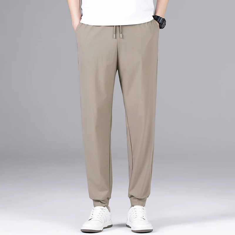 

Мужские повседневные брюки из ледяного шелка, летние дышащие длинные брюки, высокоэластичные модные спортивные штаны для бега, прямые брюки для отдыха