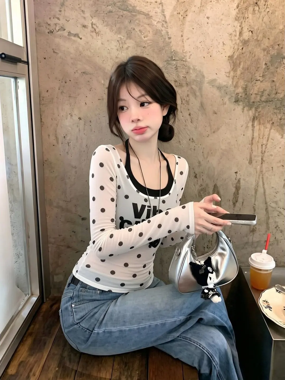 American Style Hot Girl Neck Hanging Strap Polka Dot Long Sleeve T-Shirt Women Early Autumn Two Piece Slimming See through Top
