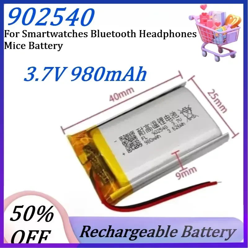 2-10pcs for Smartwatches Bluetooth Headphones Mice 902540 Battery 3.7V 980mAh Lipo Rechargeable Lithium-ion Batteries