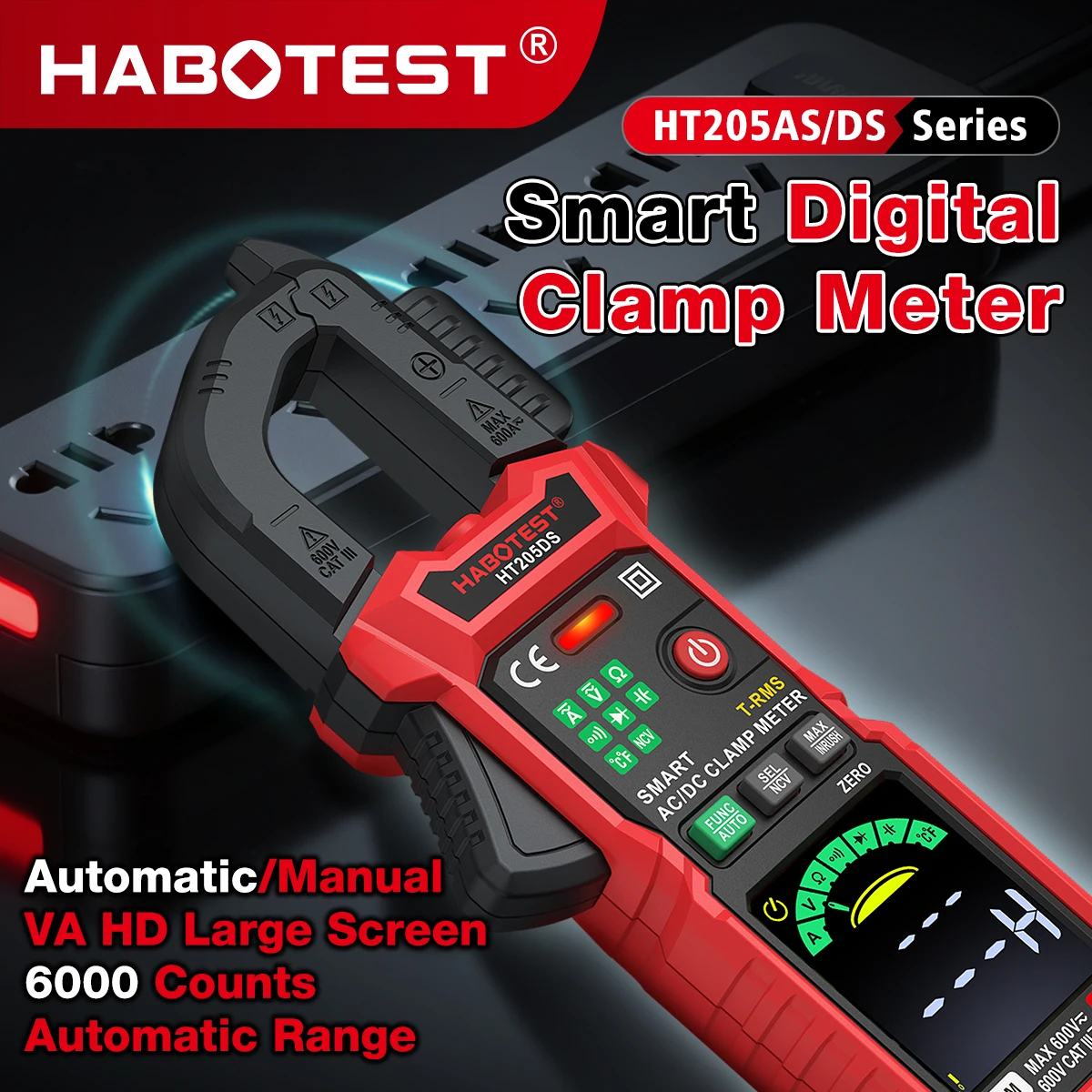 HABOTEST HT205AS/DS Multimeter AC/DC Current Clamp Meter 6000 Counts NCV T-RMS for Voltage Resistance Capacitance Measurement