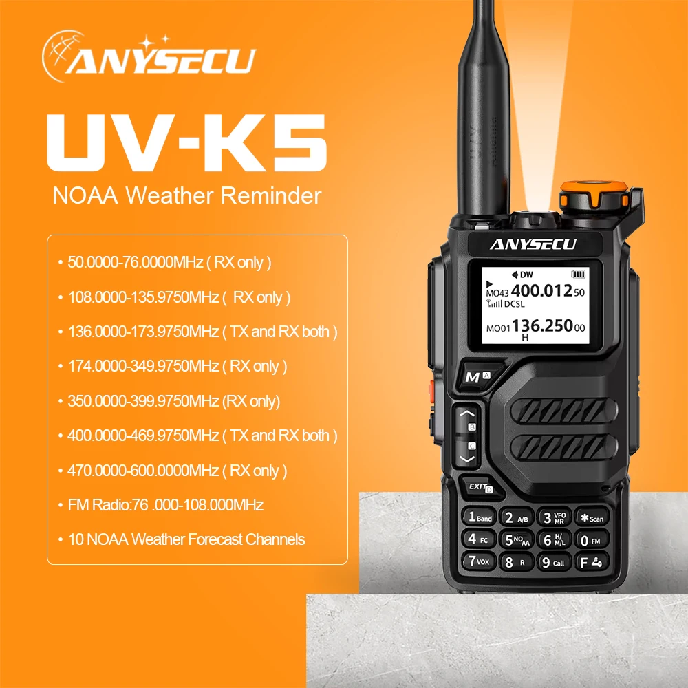 ANYSECU UV-K5 RX Walkie Talkie 50-600MHz 200Ch 5W Air Band TX DTMF FM Scrambler With NOAA Wireless Frequency Copy Weather Alert