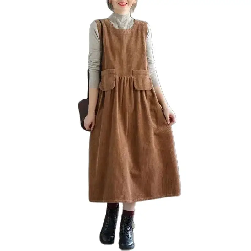 

2024 Spring Autumn Corduroy Dresses Waistcoat Women Long Big Pendulum Dress Fashion Pocket Dress Coat Vest Loose Vestes Tops