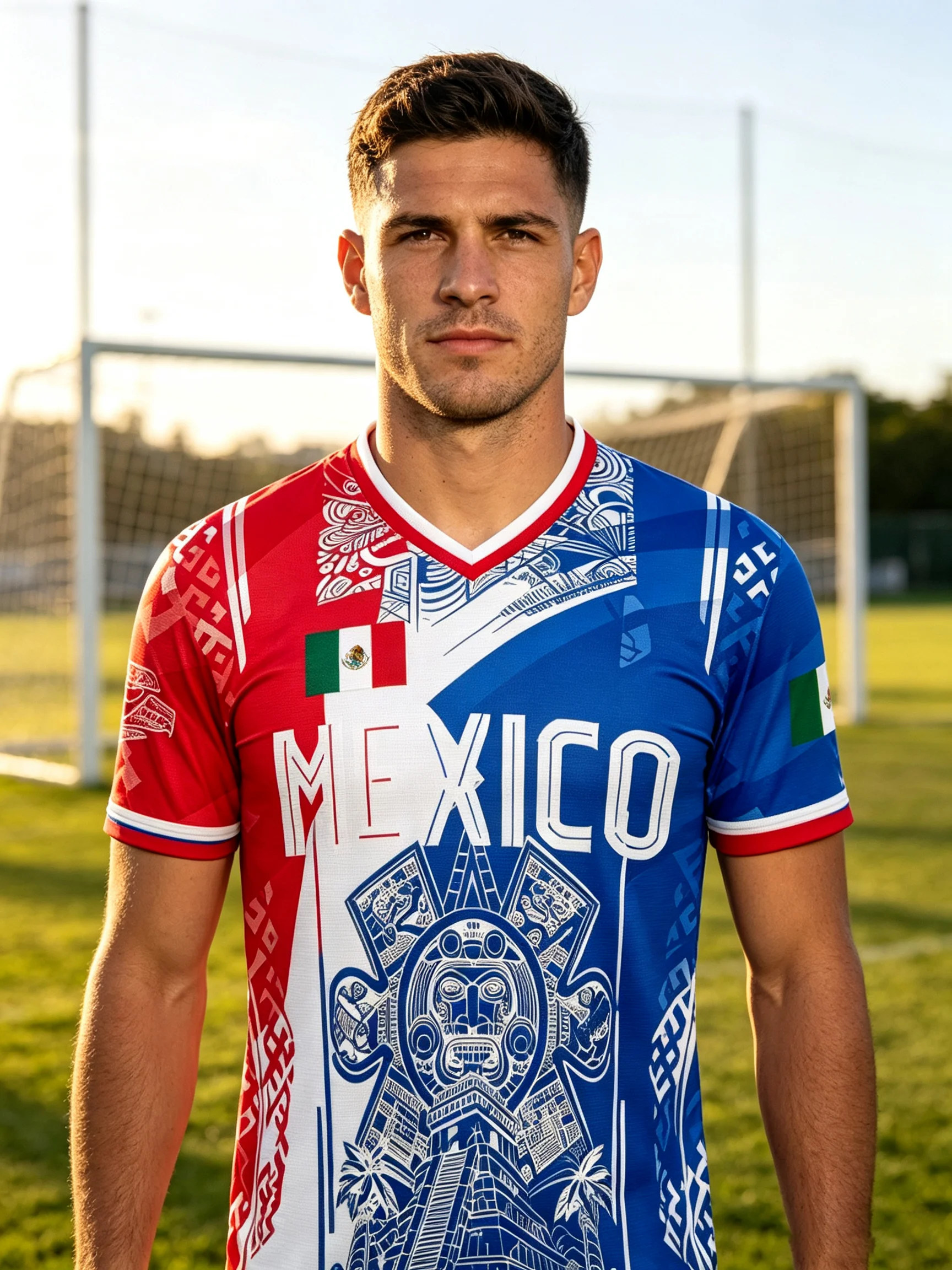 Men's Red‑Blue Spliced Mexico National Team Football Top, Breathable Light‑Weight Sports Tee