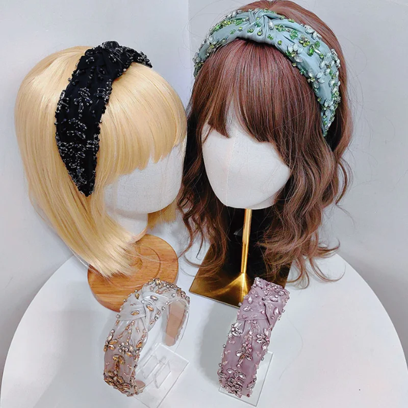 シフォン素材の結び目付きヘッドバンド、豪華なラインストーンとビーズをあしらったヘアフープ、手作りの幅広ヘアバンド、女性用、結婚式やパーティー用のヘアアクセサリー。
