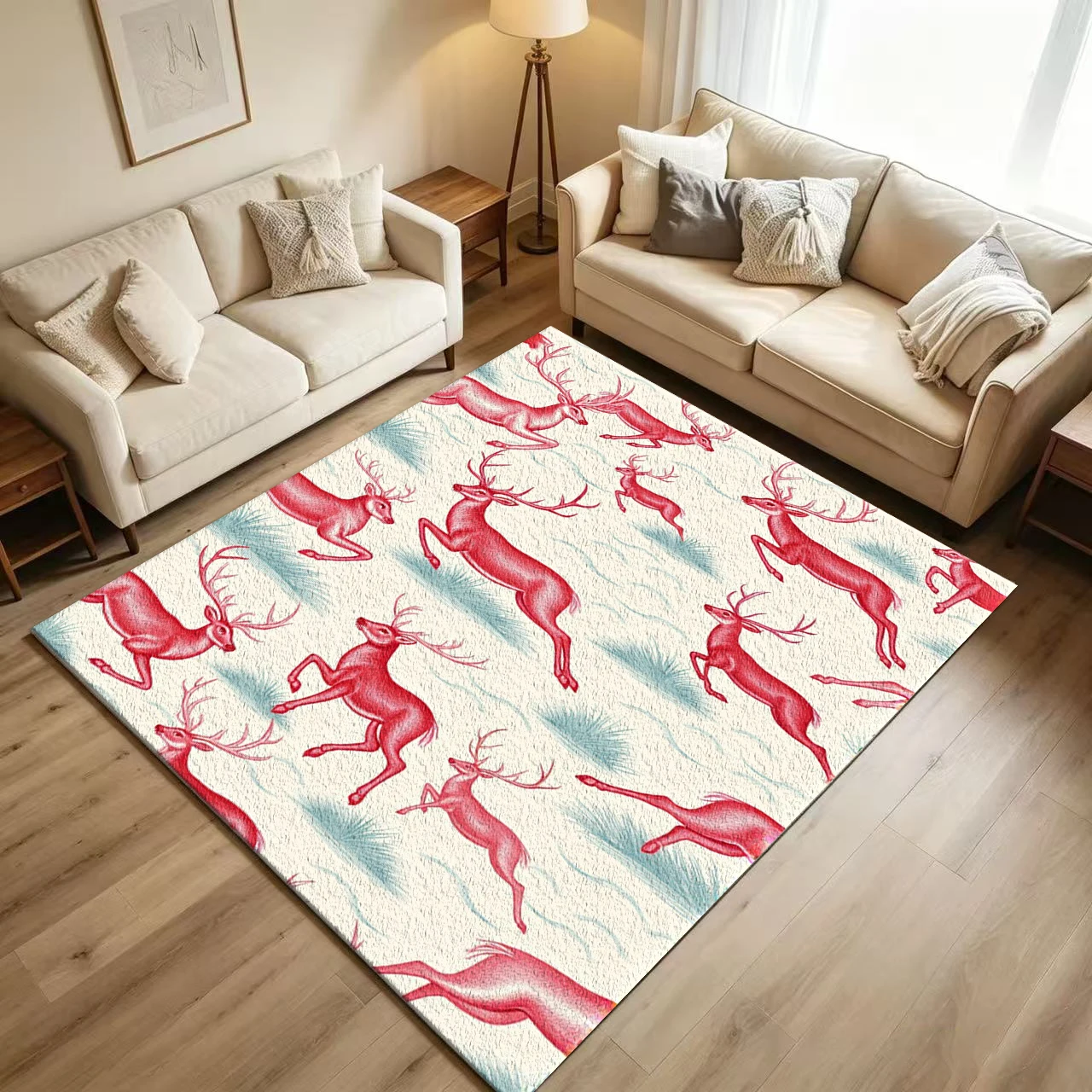 Vintage Red Deer Animal Carpet Flooring Retro Sketch Style Reindeer with Pine Grass Repeating Print Floor Rug for Household Space Home Decoration