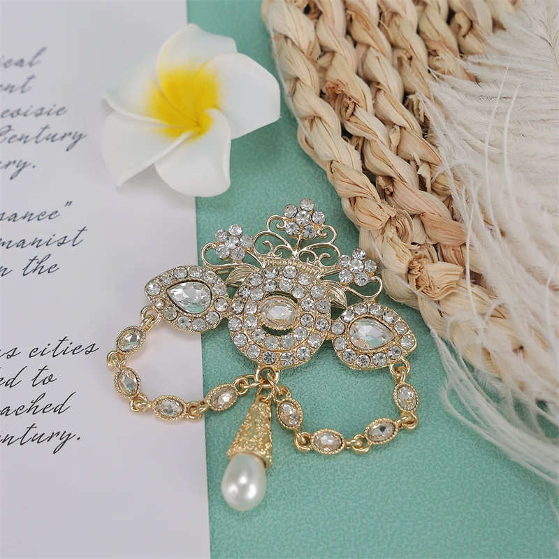 

Ethnic Crystal Tassel Brooch Delicate Floral Pearl Drop Great For Arabian Weddings Banquets Suit Lapel Pins
