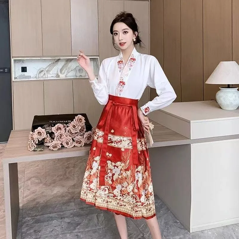 

New Chinese Style Daily Improvement Women's Hanfu Embroidered Top Short Horse Face Skirt and Shirt Set
