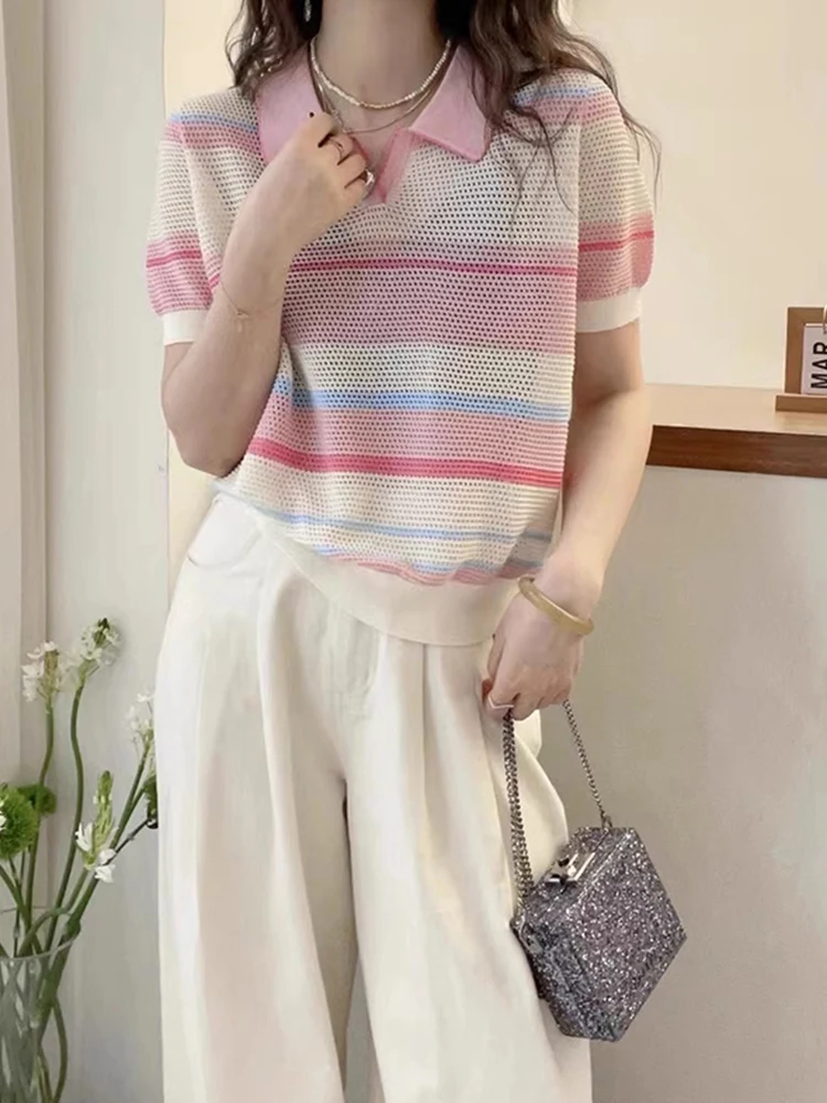 Sweet Young Slimming Ice Silk Knitted Top Hollow out Stripe Color Blo Summer Faionable Base irt Korean Sle Loose Fit