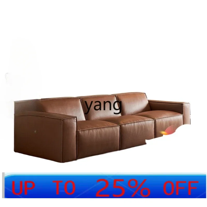 LMM all-leather sofa living room straight row three people sitting deep retro first layer cowhide