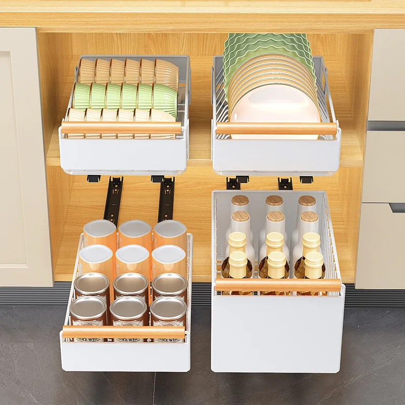 Non Punching Sliding Track Pull-out Dish and Seasoning Storage Rack Cabinet Drawer Style Sliding Kitchen Storage Rack