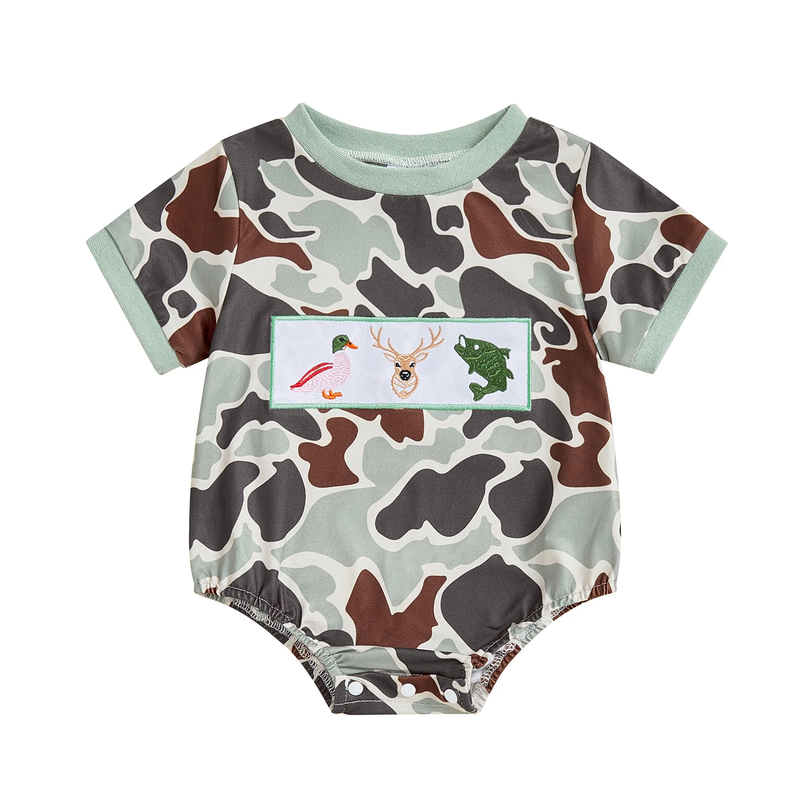 

Baby Summer Romper Camouflage Print Animal Embroidery Short Sleeve Round Neck Jumpsuit
