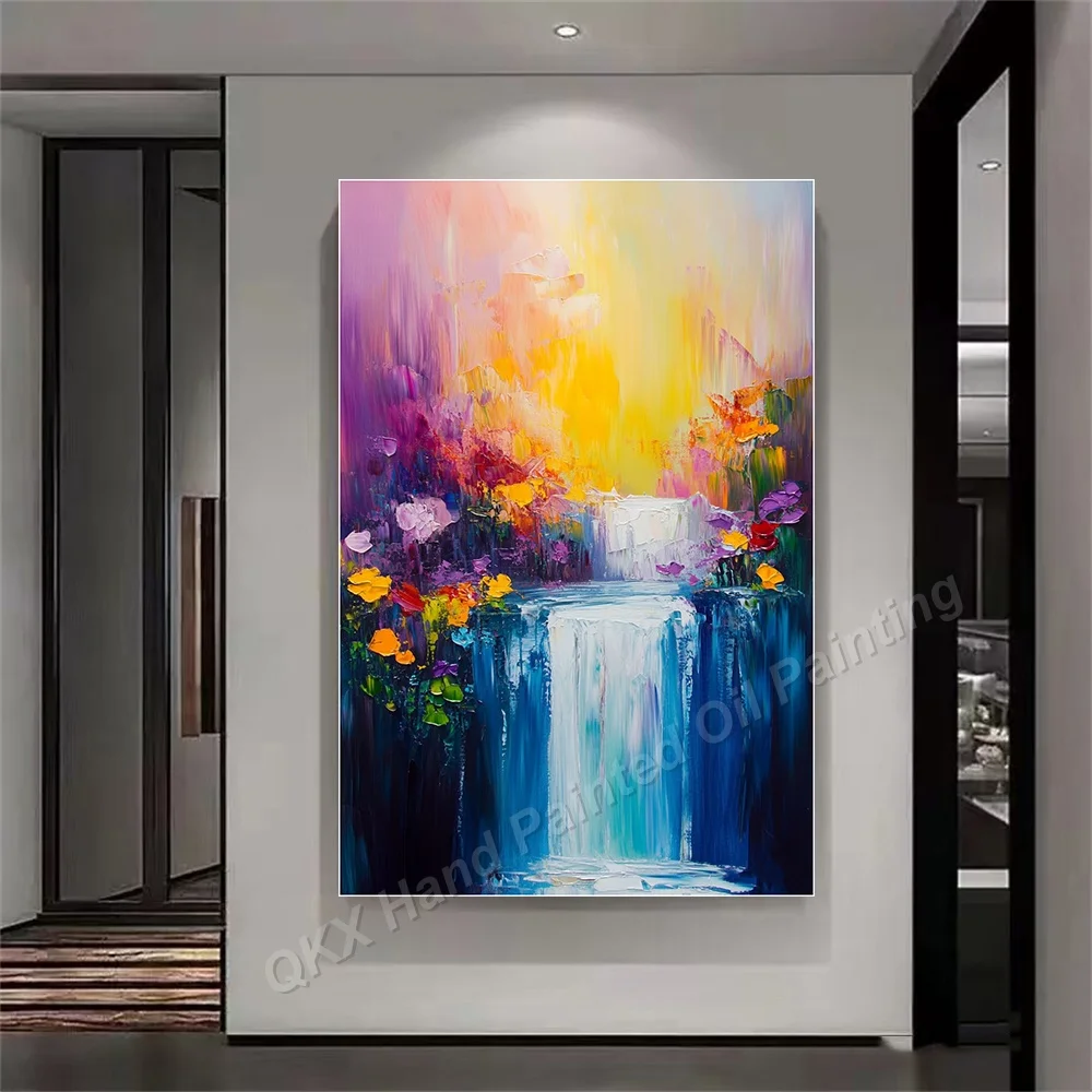 Impasto Hand-Painted Oil Painting on Canvas Colorful Waterfall Floral Landscape Vertical Wall Art Decor for Living Room