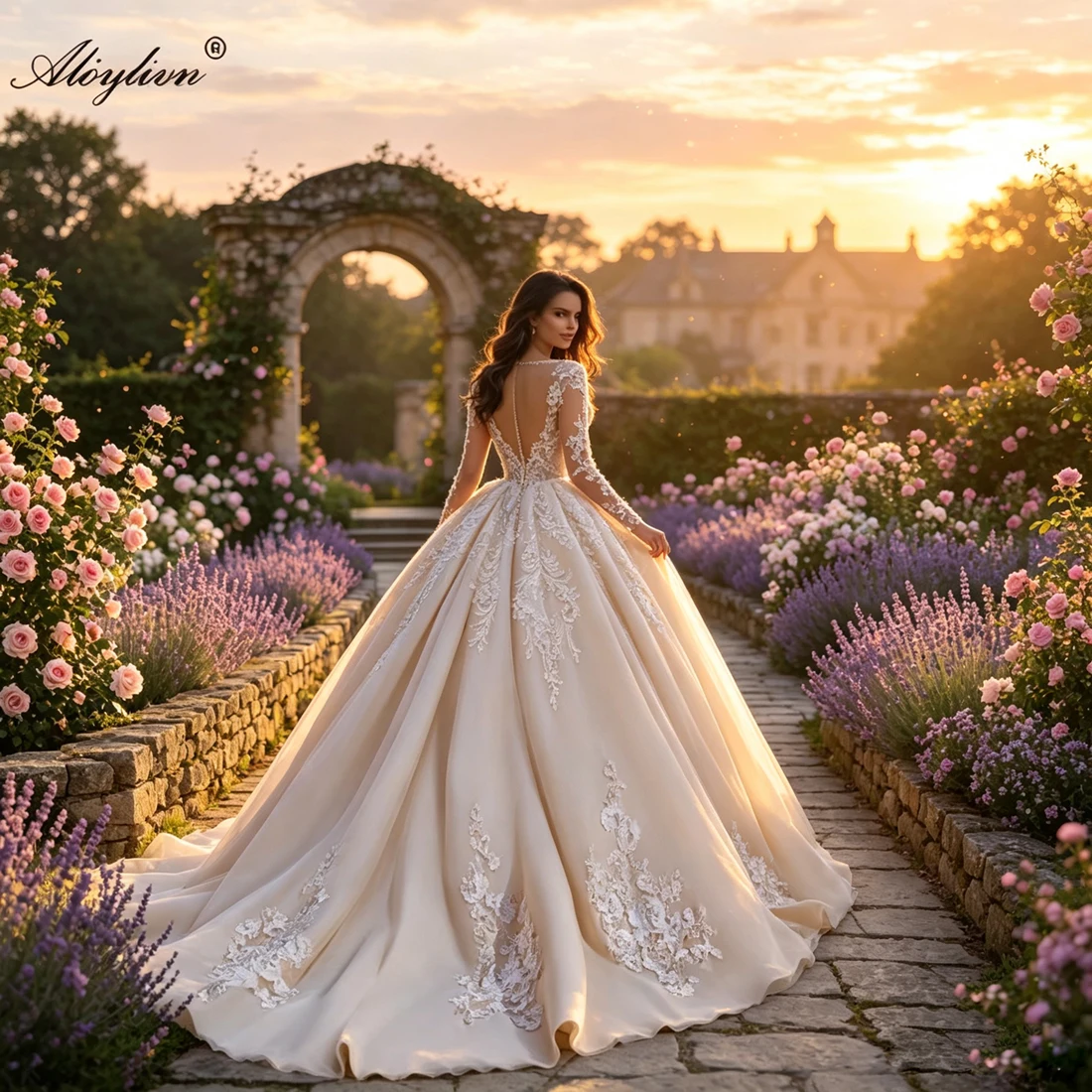 Alonlivn Custom Made Exquisite Beading 3D Embroidery Appliques Ball Gown Wedding Dress Vestido De Noiva O-Neck Bridal Skirts