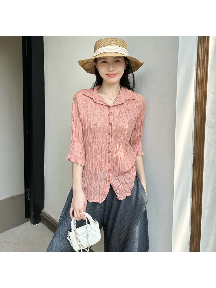 

Miyake Pleated Shirt Women's 2025 Autumn New Single Breasted Casual Jacket Korean Version Fashionable Aesthetic Clothing