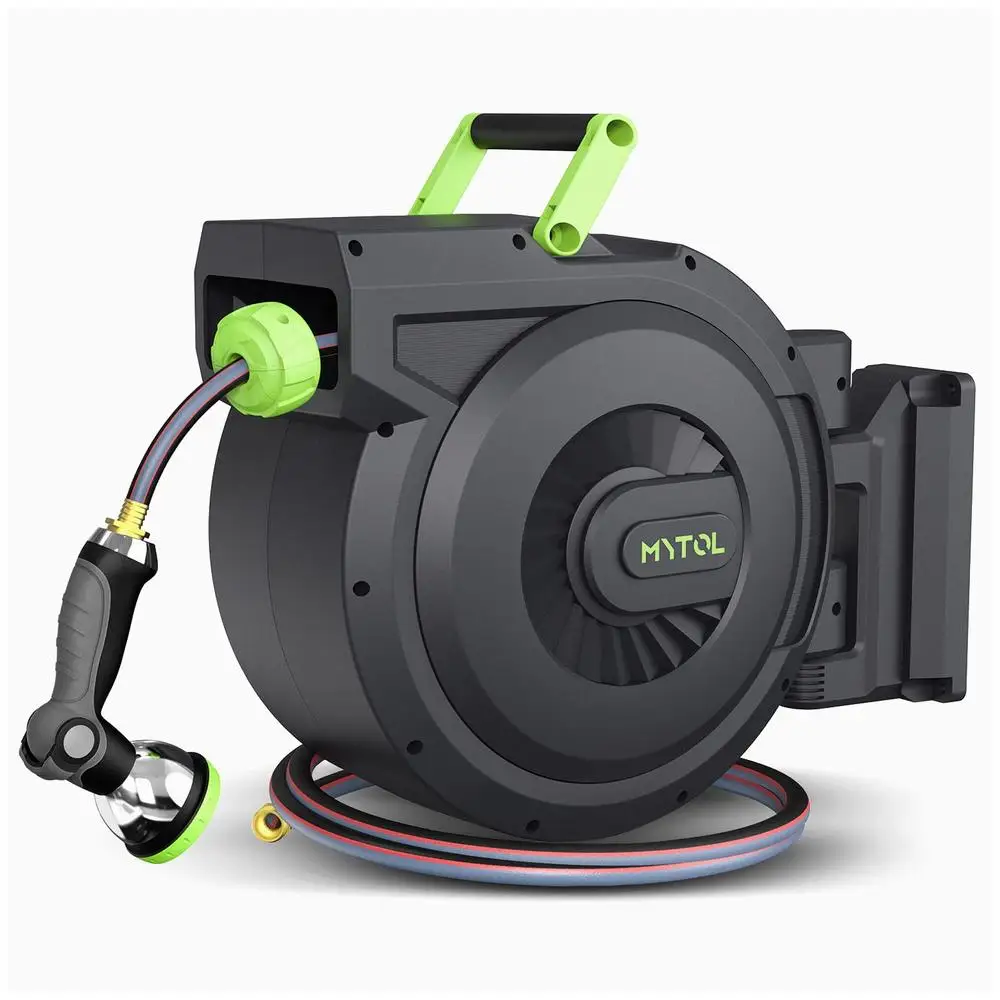 100ft Retractable Garden Hose Reel Wall Mount ระบบล็อคกลับช้าอัตโนมัติ